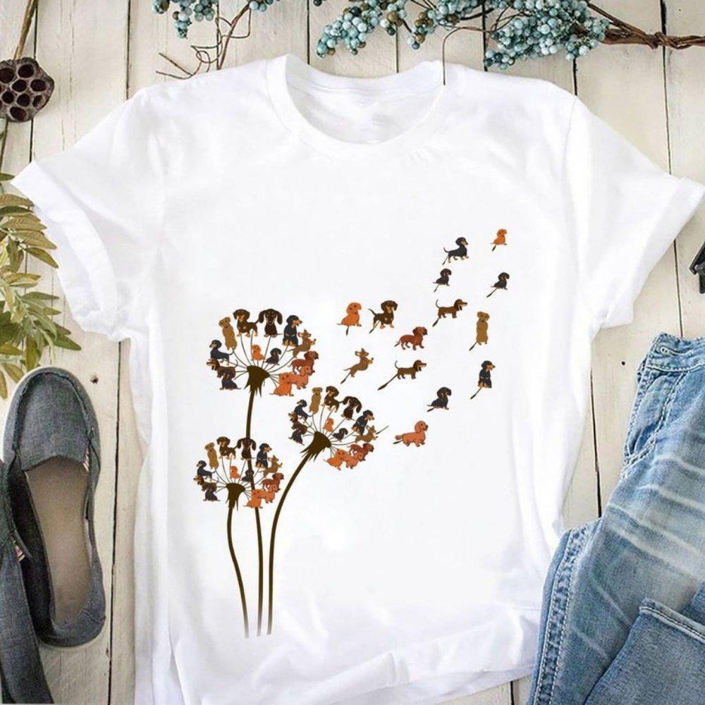 Dandelion Dachshund Shirt, Cute Floral Dog Graphic Unisex Tee For Pet Fans 05